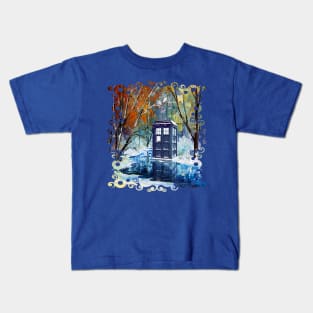 Snowy Blue Phone booth at winter zone Kids T-Shirt